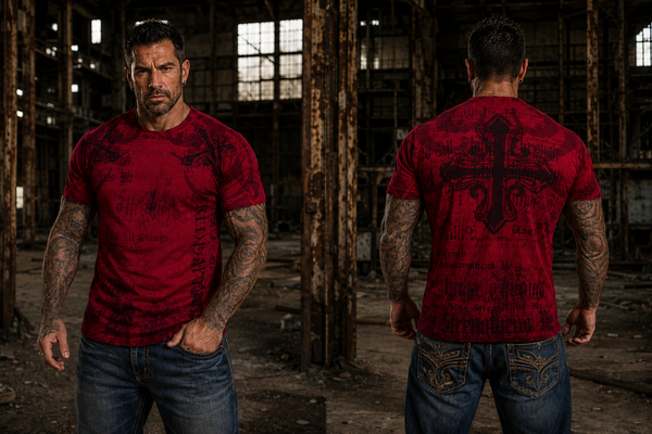 Strength Red tee — Redemption Clothing 2026 lookbook, front and back