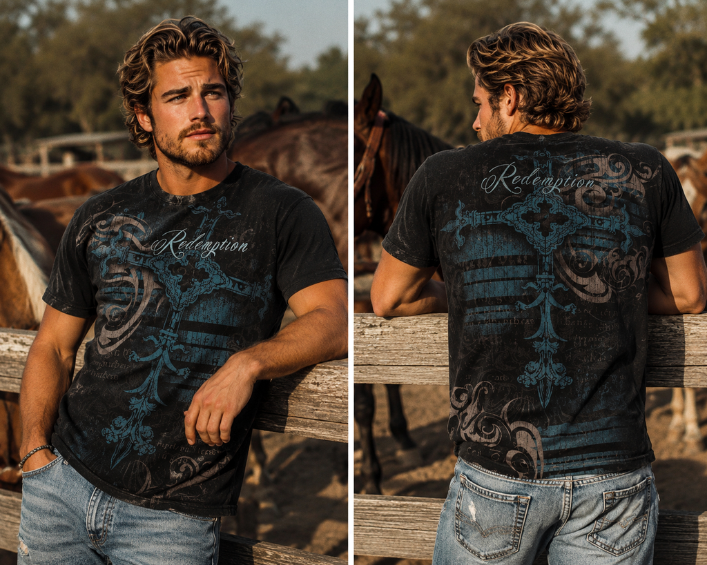 Anointed tee — ornate blue cross with Redemption script, black