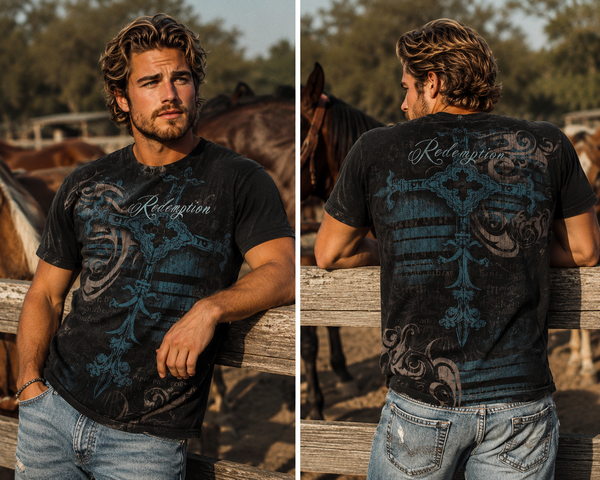 Anointed tee — ornate blue cross with Redemption script, black