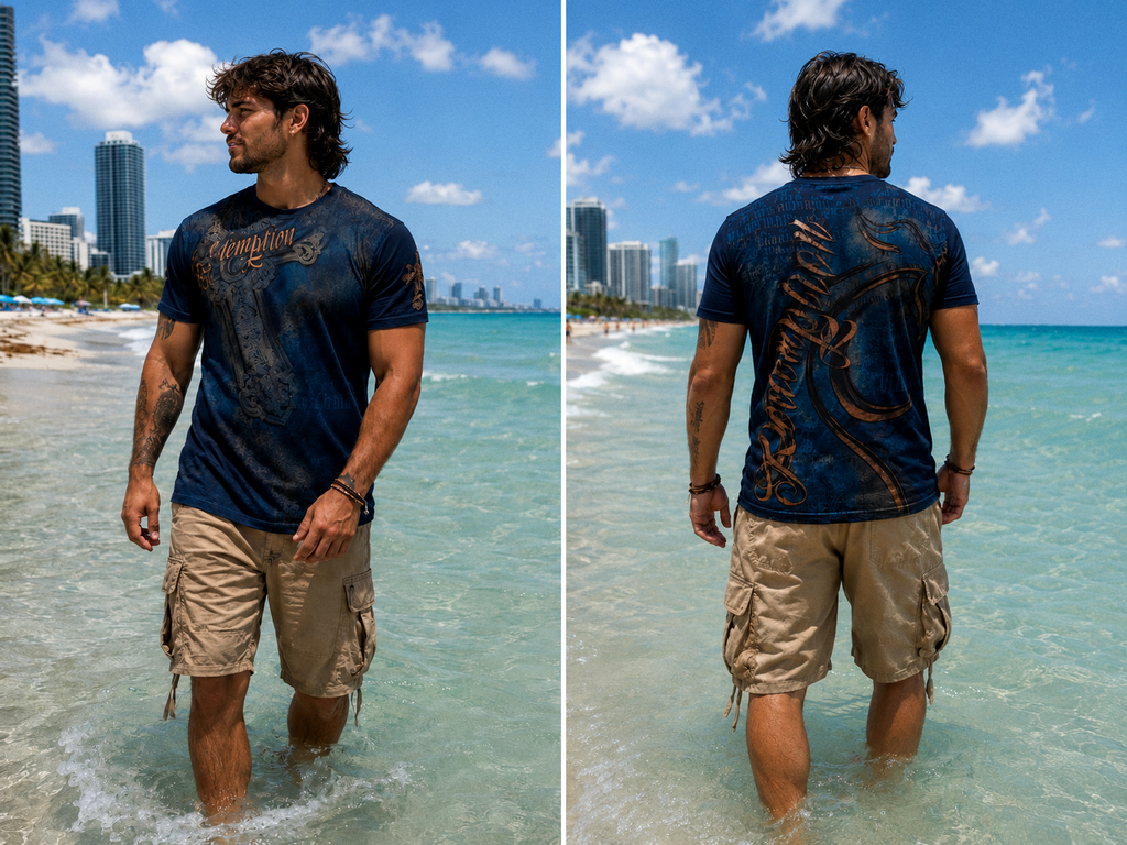 Delivered tee — Redemption script front and ornate back print, navy