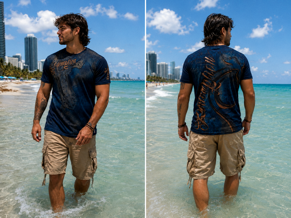 Delivered tee — Redemption script front and ornate back print, navy