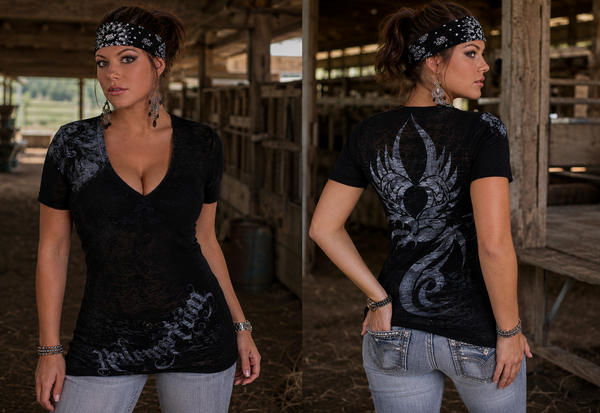 Faith Black tee — burnout v-neck with Redemption script and phoenix wing, front and back