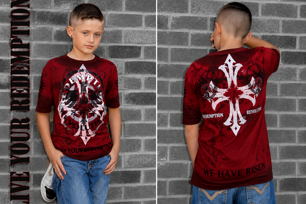 Kids Live Your Redemption tee — red cross design, front and back