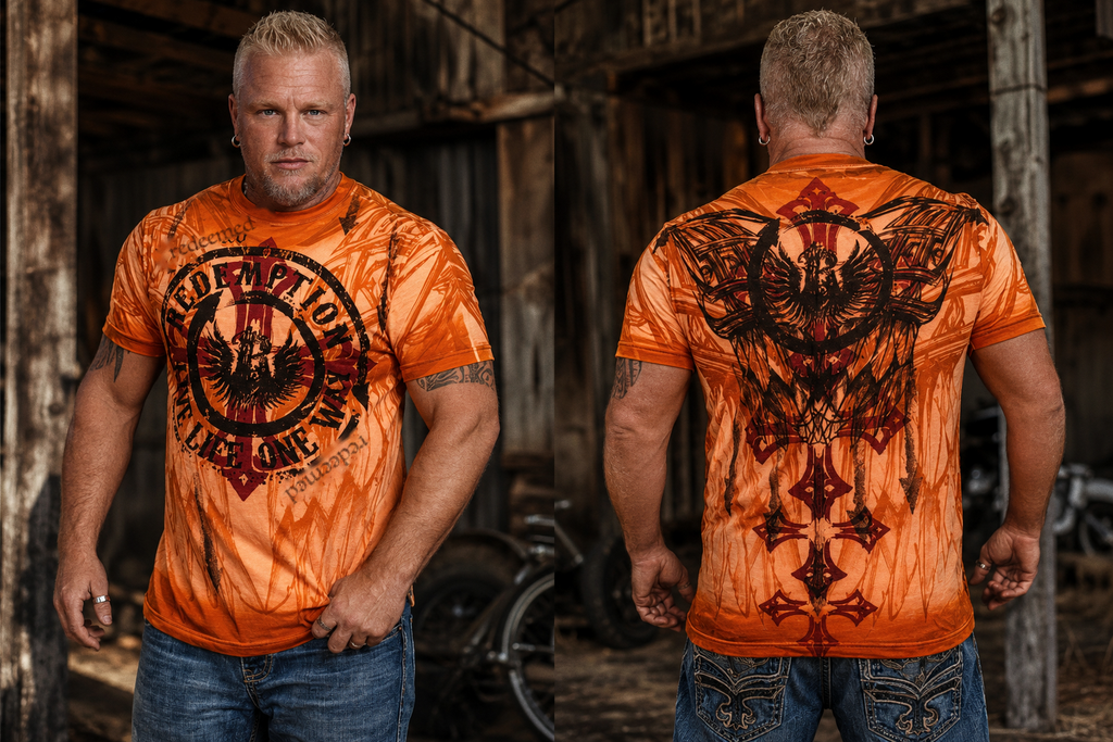 One Way tee — Redemption circle logo with redeemed script, orange