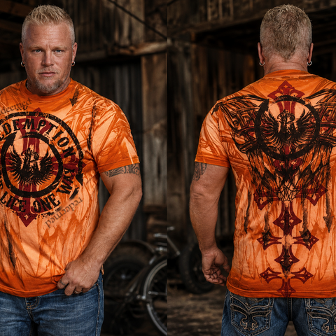 One Way tee — Redemption circle logo with redeemed script, orange