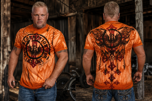 One Way tee — Redemption circle logo with redeemed script, orange