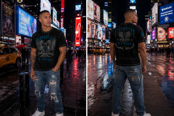 Rise tee — Redemption wings and cross, black with blue print