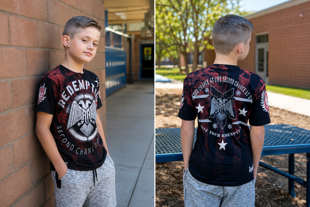 Kids Second Chance tee — Redemption eagle crest, black and red, front and back